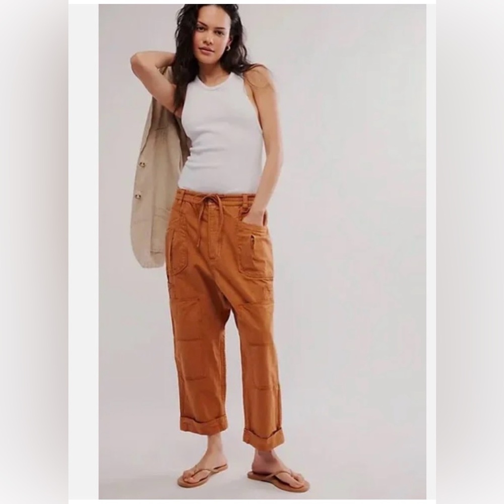Free People Too True Cuffed Carpenter Utility Sugar Almond Pants Sz XS EUC